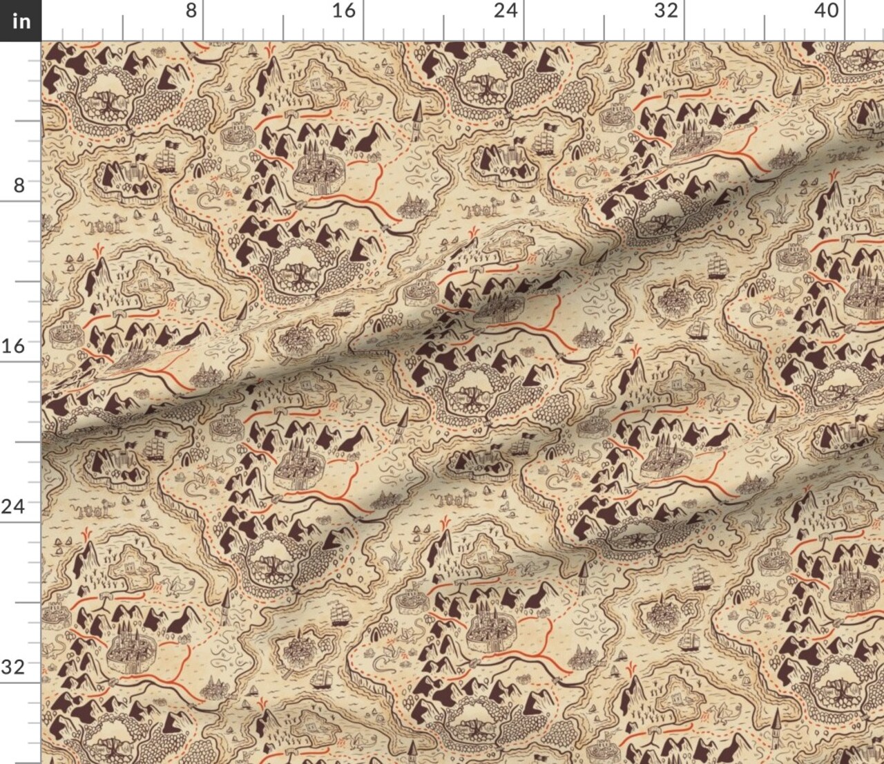Dragon Cartography Fantasy Sepia Map Dragons Adventure Playful Kids Custom Printed Fabric by Spoonflower Various Fabrics by the Yard or Fat Quarter